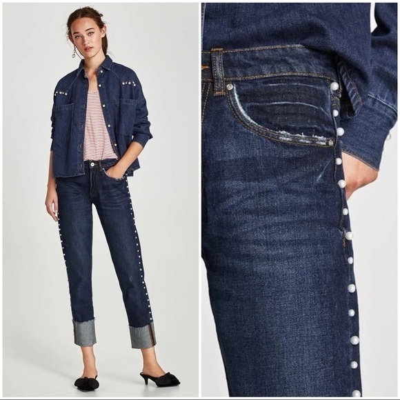 Zara • Pearl Trim Cuffed Crop Jeans - Picture 1 of 6